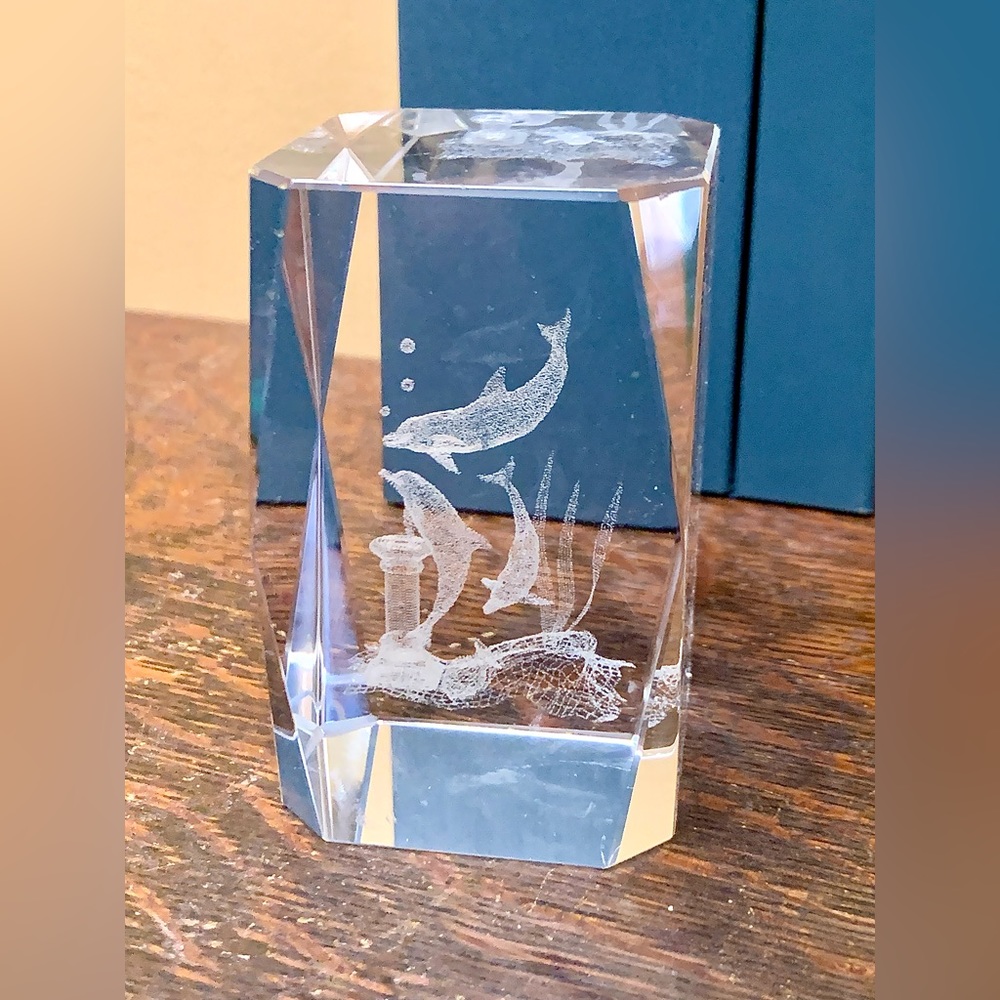 Solid Lead Crystal Laser Etched Swimming Dolphins Paperweight